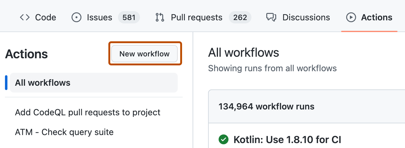 Capture d’écran de l’onglet Actions d’un dépôt. Le bouton « Nouveau workflow » est indiqué en orange foncé.