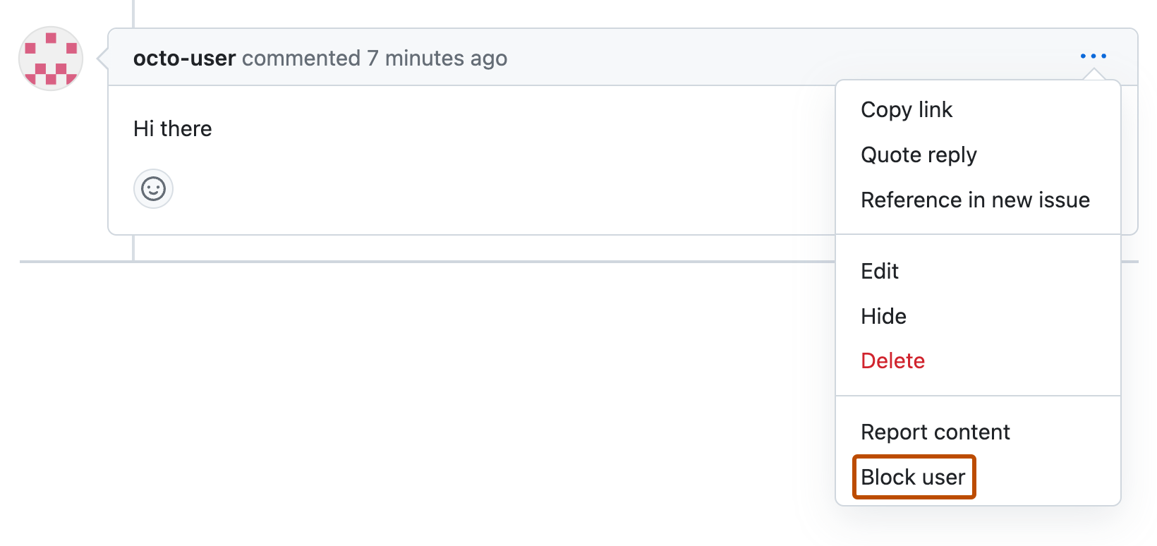 Screenshot of a pull request comment by octo-user. Below an icon of three horizontal dots, a dropdown menu is expanded, and "Block user" is outlined in orange.