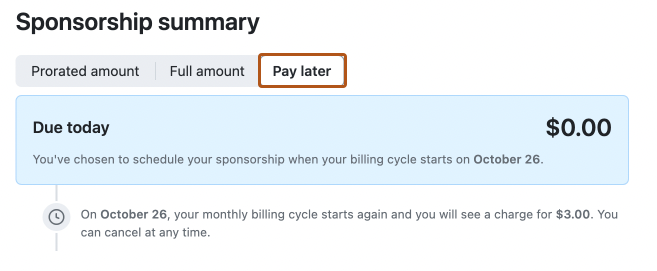 Captura de tela da página de resumo do patrocínio. Um botão com o texto "Pagar mais tarde" está contornado em laranja escuro.