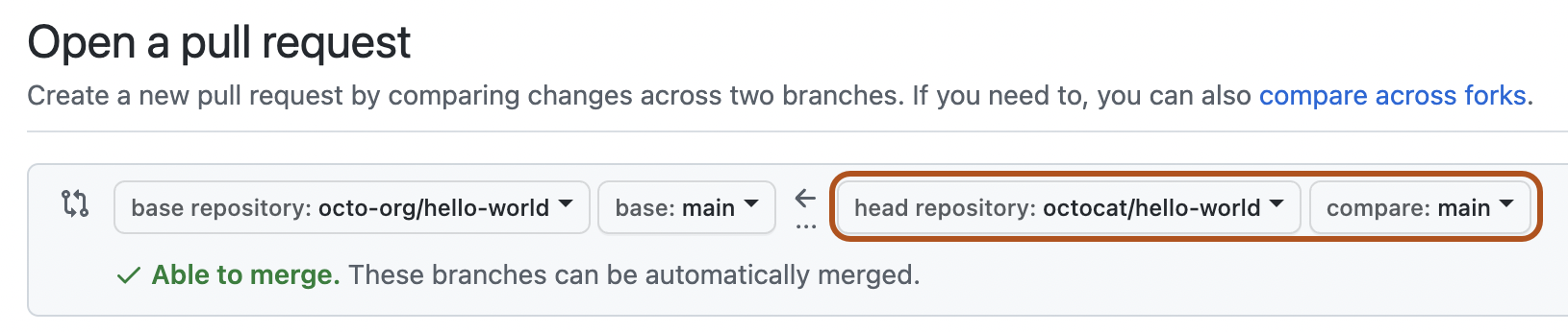 head フォークと比較ブランチを選択するドロップダウンメニュー