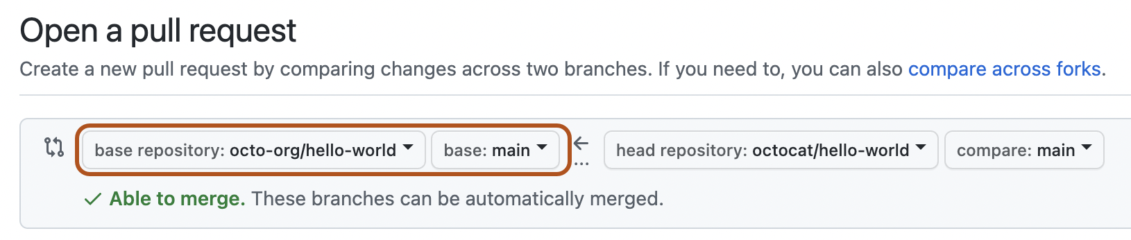 base フォークとブランチを選択するドロップダウンメニュー