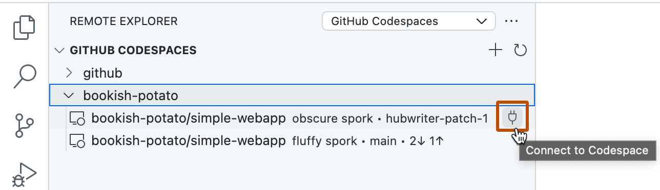 Screenshot der Randleiste „Remote-Explorer“. Das Verbindungssymbol für einen Codespace (Steckersymbol) ist dunkelorange umrandet.