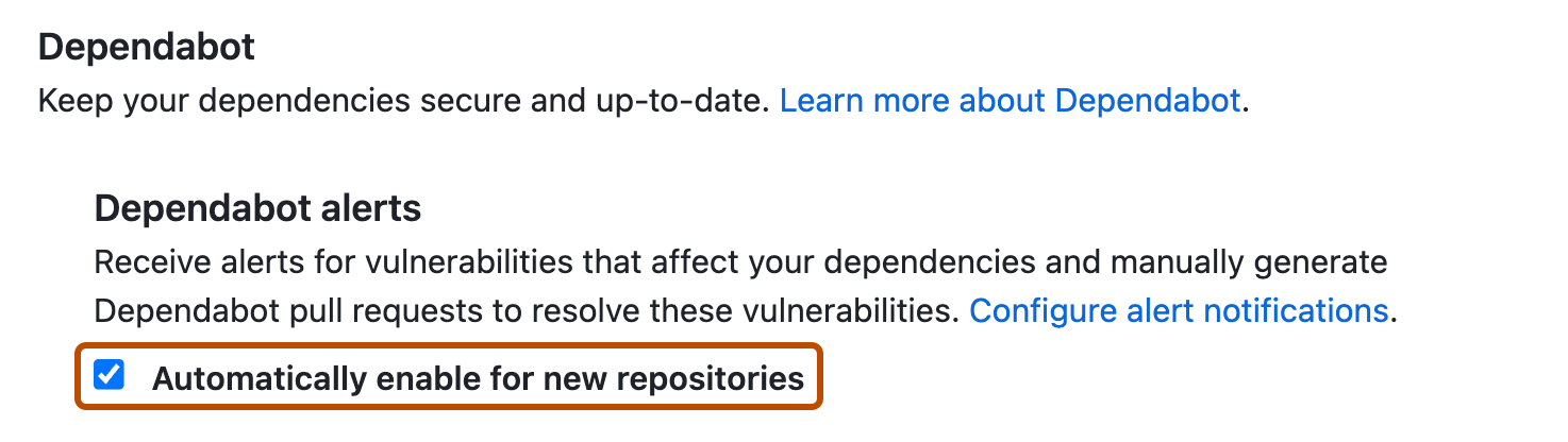 Screenshot of "Code security and analysis" page. Below "Dependabot alerts", a checkbox to enable the feature in future repositories is highlighted in orange.