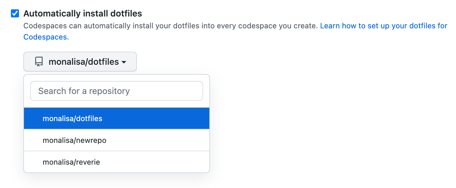 Captura de pantalla de la opción "Instalar dotfiles automáticamente" seleccionada y "monalisa/dotfiles" seleccionada en una lista desplegable de repositorios.