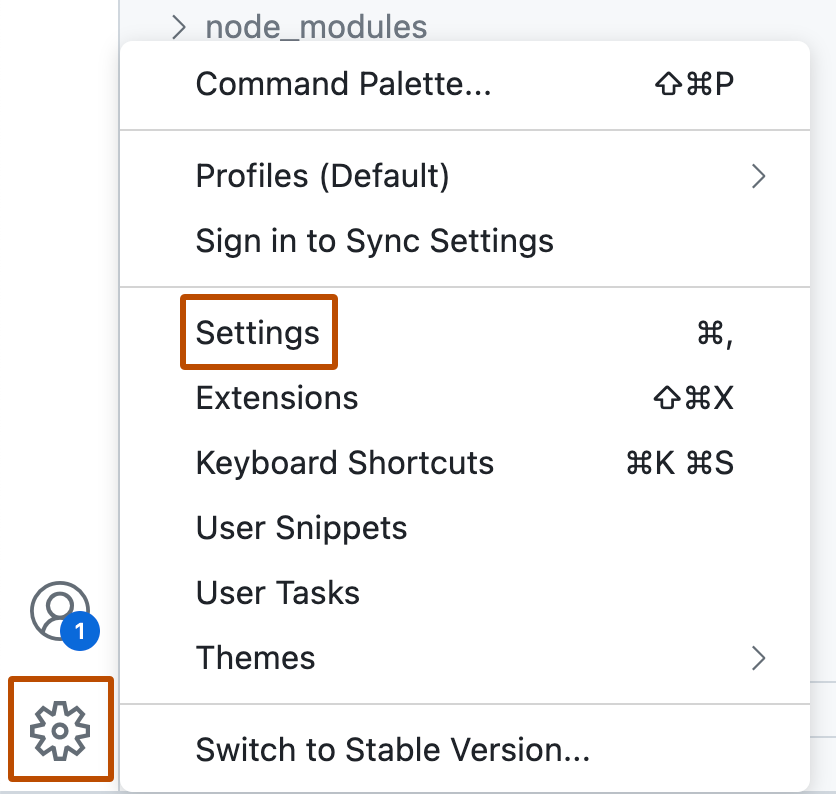 Captura de pantalla del cliente web de VS Code. Están resaltados con un contorno naranja un icono de un engranaje y la opción "Configuración" de un menú.