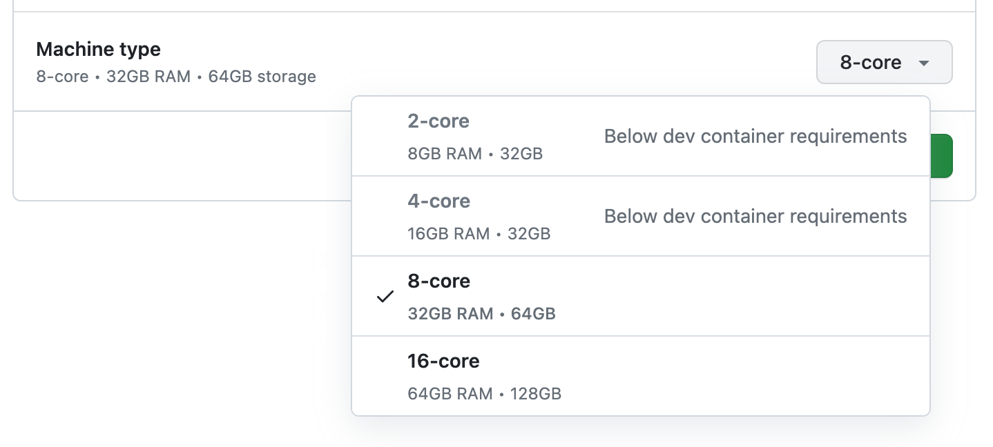 Captura de tela de uma lista de tipos de computador. As opções de 2 e 4 núcleos são rotuladas como "Abaixo dos requisitos do contêiner de desenvolvimento".