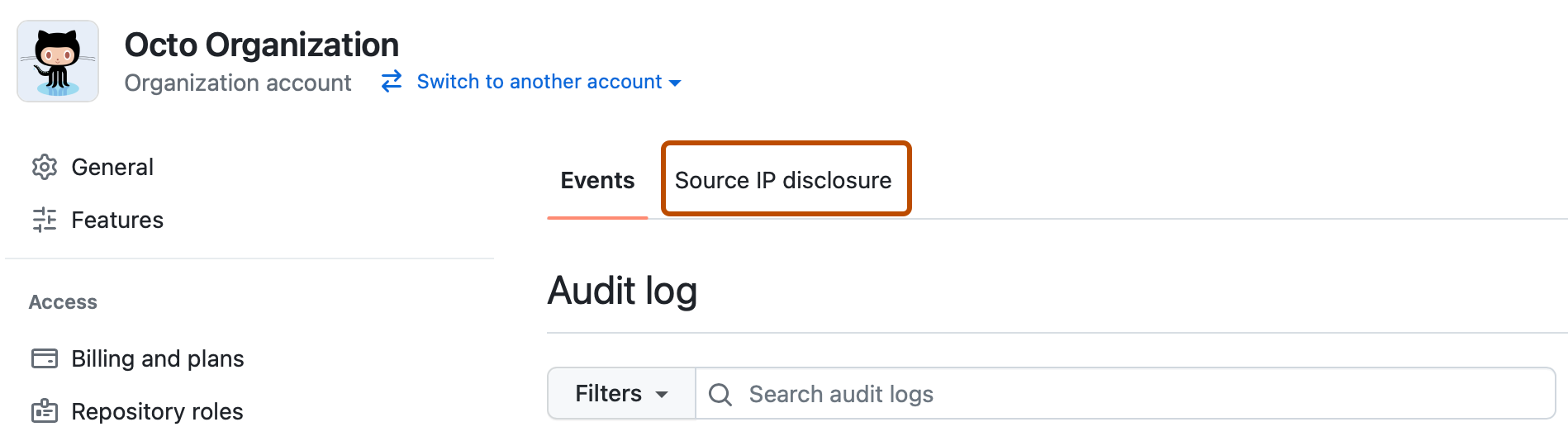 Capture d’écran de la page « Journal d’audit » d’une organisation. Un onglet intitulé « Divulgation de l’IP source » est indiqué en orange foncé.