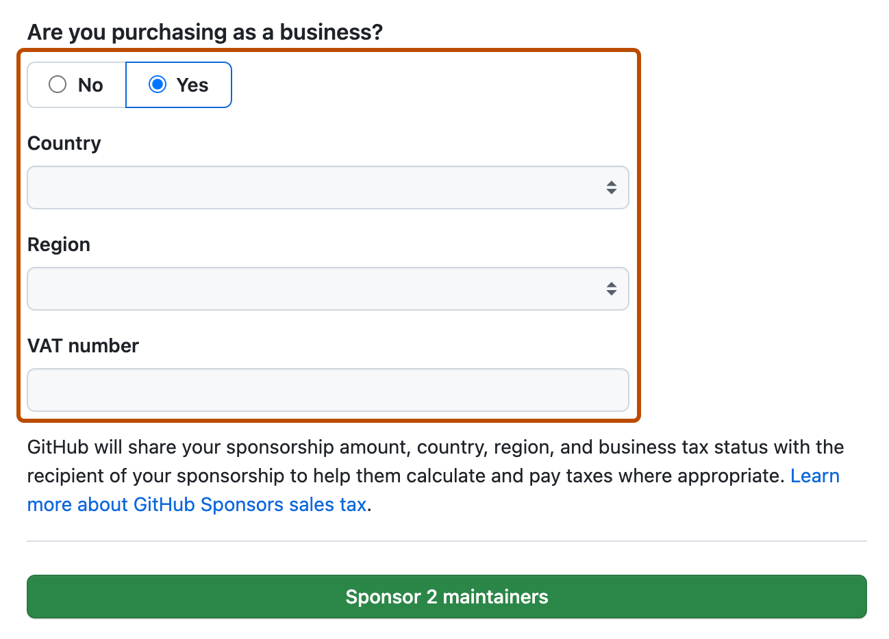 Capture d'écran de la page de validation du parrainage. Les champs de parrainage en tant qu’entreprise sont encadrés en orange foncé.