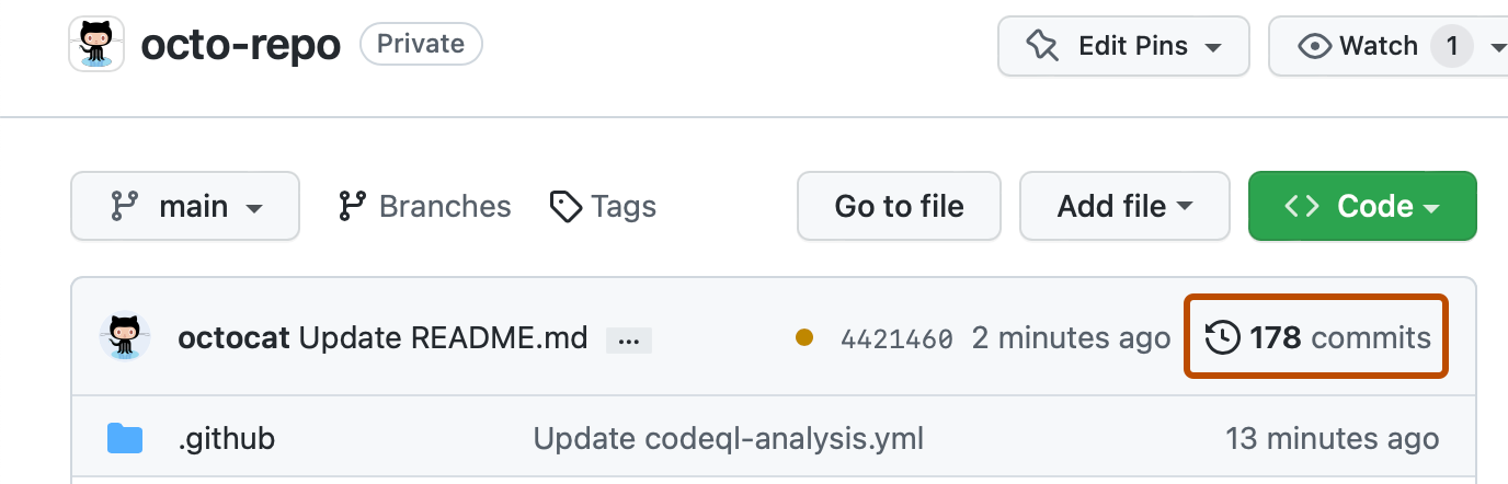 存储库的主页的屏幕截图。 时钟图标和“178 个提交”以橙色边框突出显示。