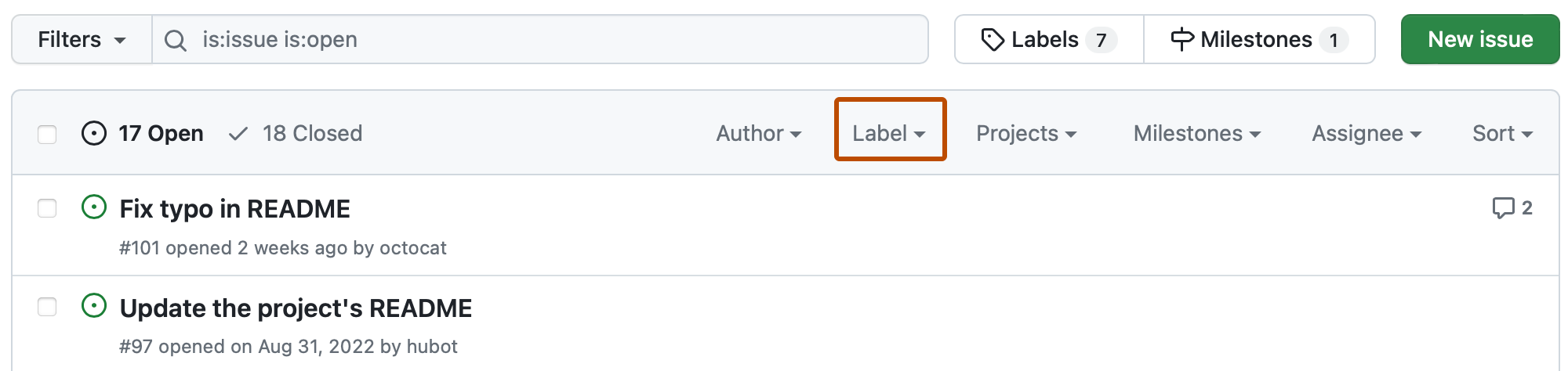 Screenshot of the list of issues for a repository. In the header above the list, a dropdown menu, labeled "Label", is outlined in dark orange.