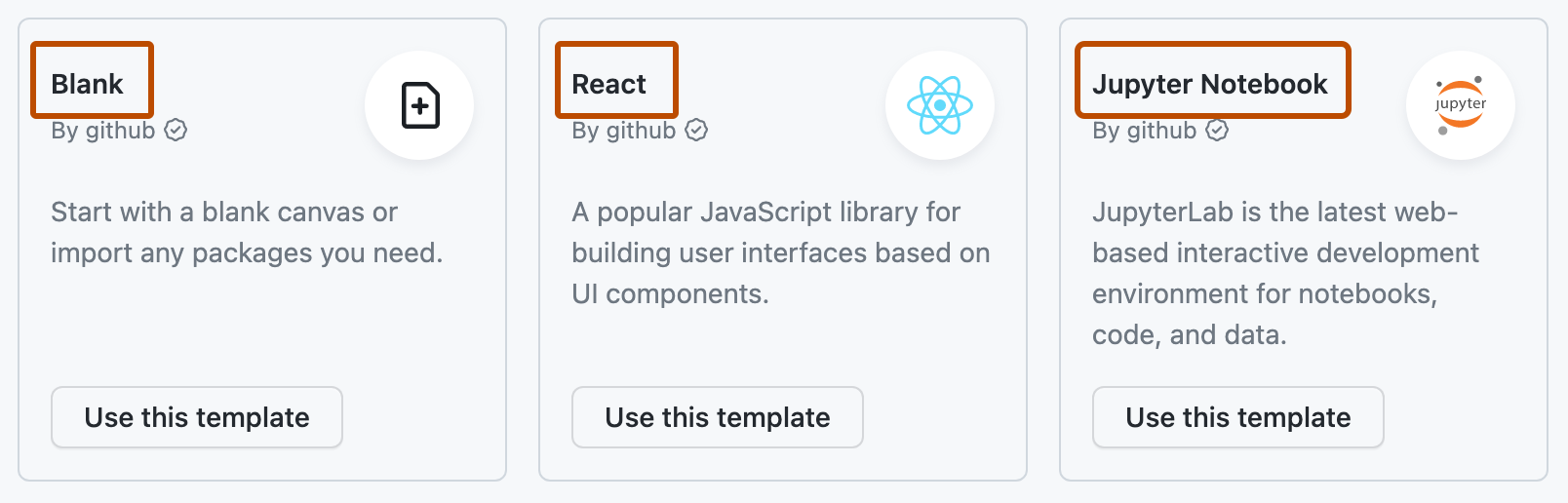 Codespace 페이지의 "빠른 시작 템플릿 탐색" 섹션에 대한 스크린샷 템플릿의 이름은 주황색 윤곽선으로 강조 표시됩니다.