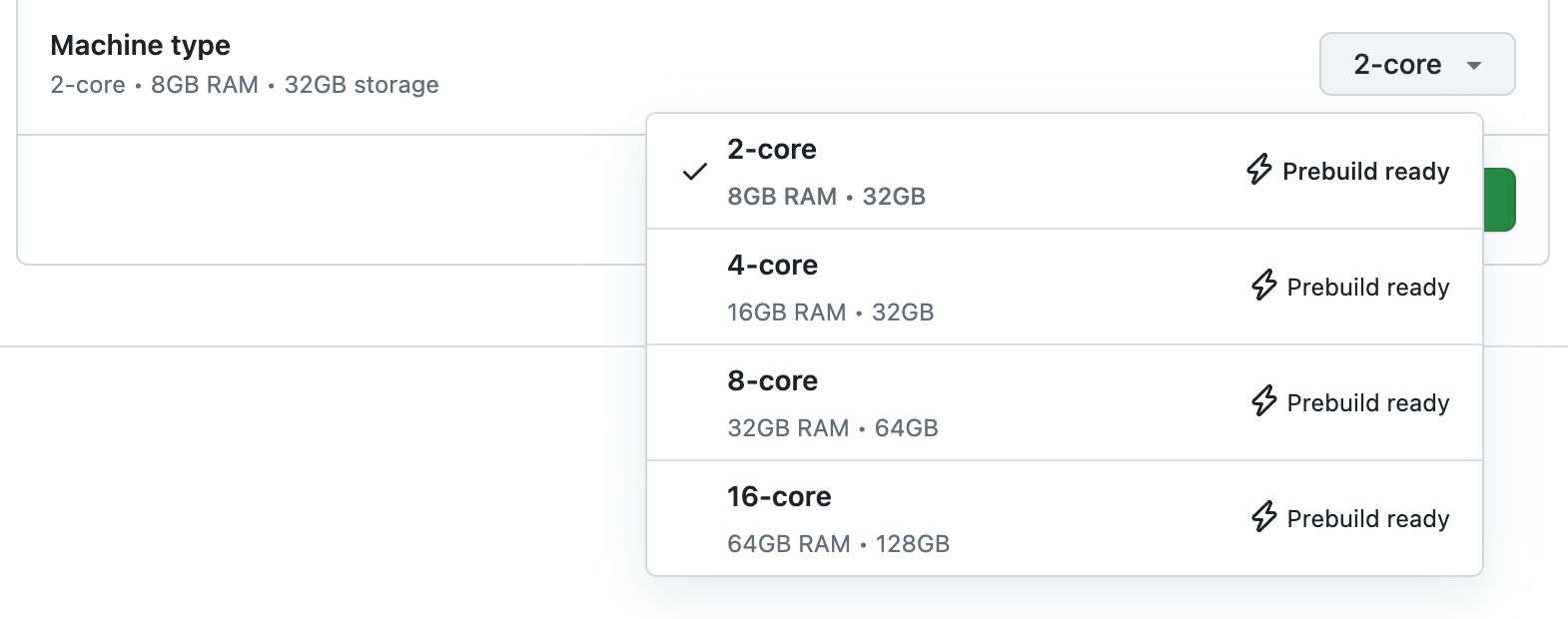 Screenshot einer Liste der verfügbaren Computertypen: 2, 4, 8, 16 und 32 Kerne, alle mit der Bezeichnung „Prebuild bereit“.