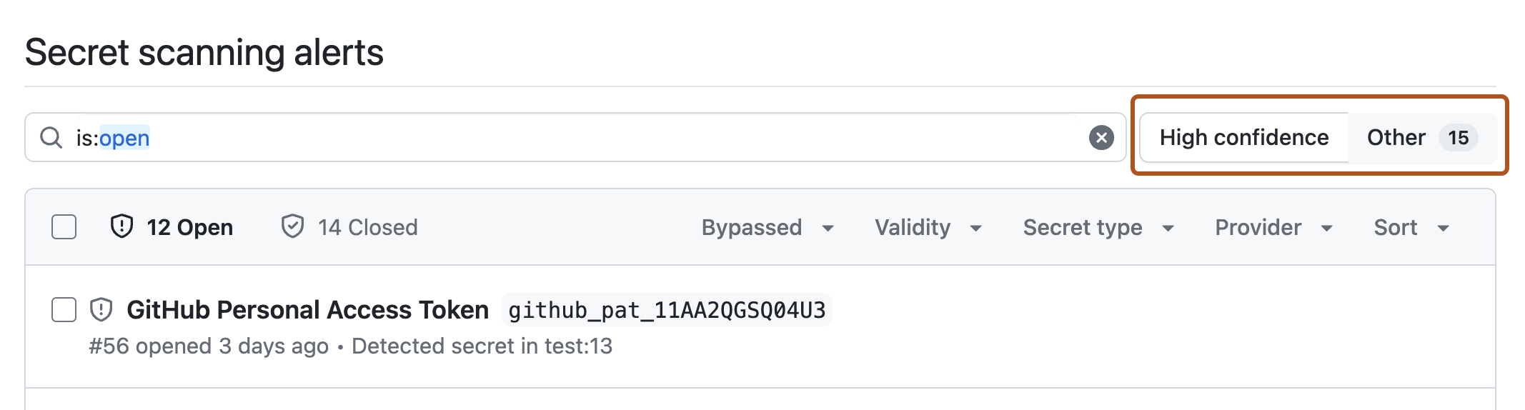 Screenshot of the secret scanning alert view. The button to toggle between "High confidence" and "Other" alerts is highlighted with an orange outline.