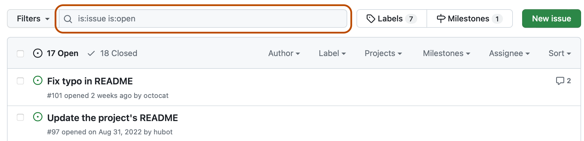 Screenshot of the list of issues for a repository. Above the list, a search field, containing the query "is:issue is:open", is outlined in orange.