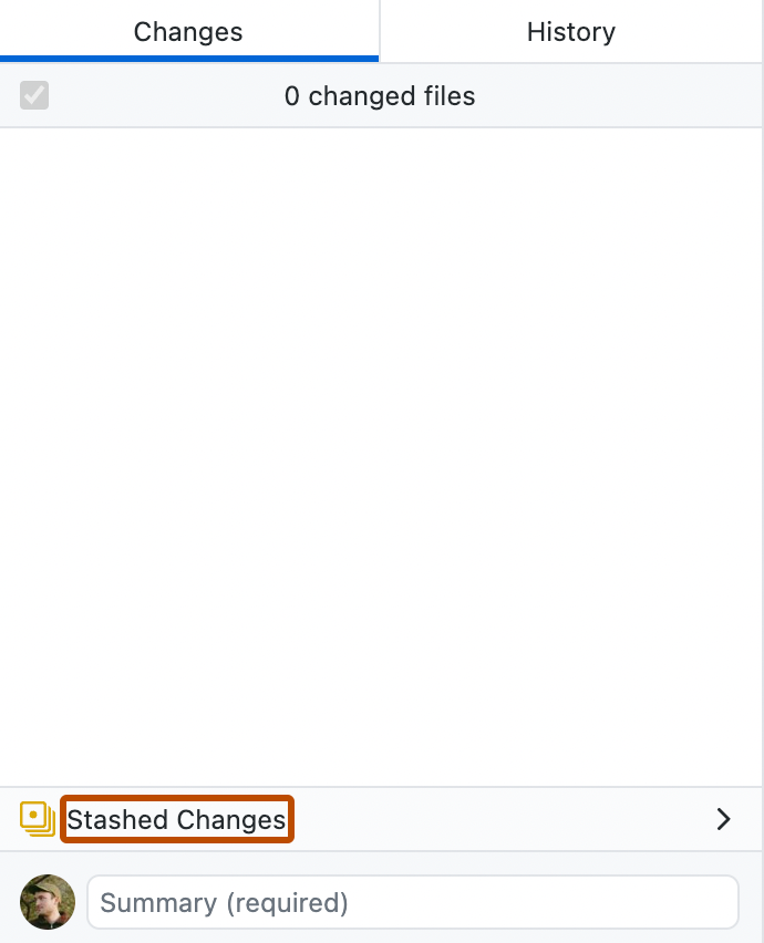 "변경 내용" 탭의 스크린샷. "요약" 필드 위에 "스태시된 변경 내용" 텍스트가 드롭다운 아이콘 옆에 주황색으로 표시됩니다.