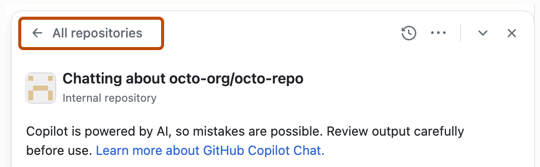 Captura de tela da página do painel de bate-papo Copilot "Todos os repositórios" realçado com um contorno laranja escuro.