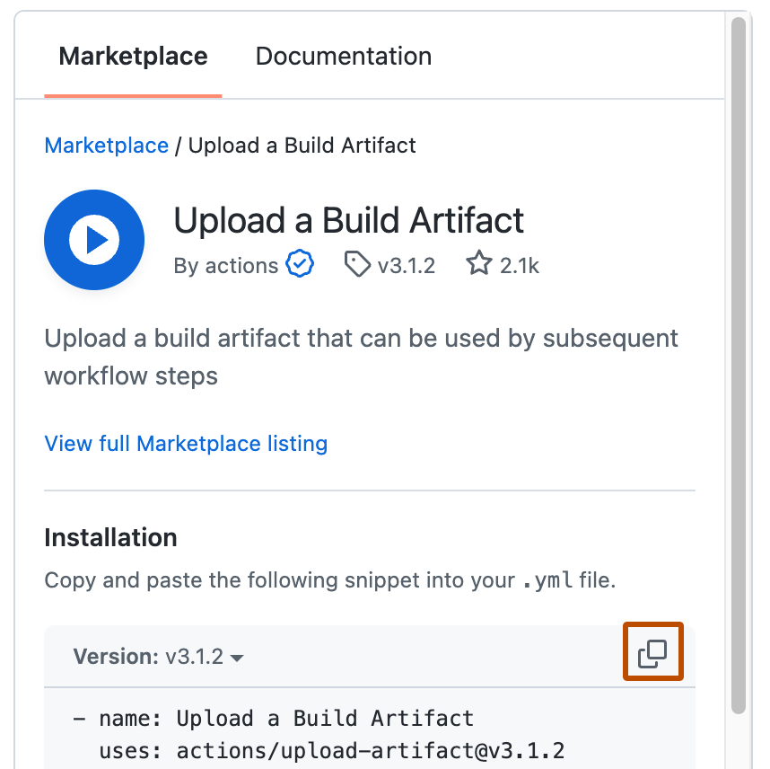 Screenshot des Marketplace-Angebots für eine Aktion, das Symbol „In Zwischenablage kopieren“ ist dunkelorange umrandet.