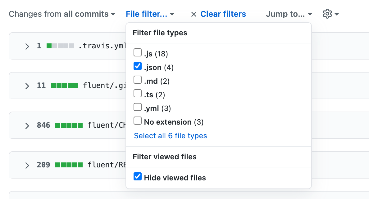 Screenshot of the "Changed files" tab. A dropdown labeled "File filter" is expanded, displaying a list of file types with checkboxes.