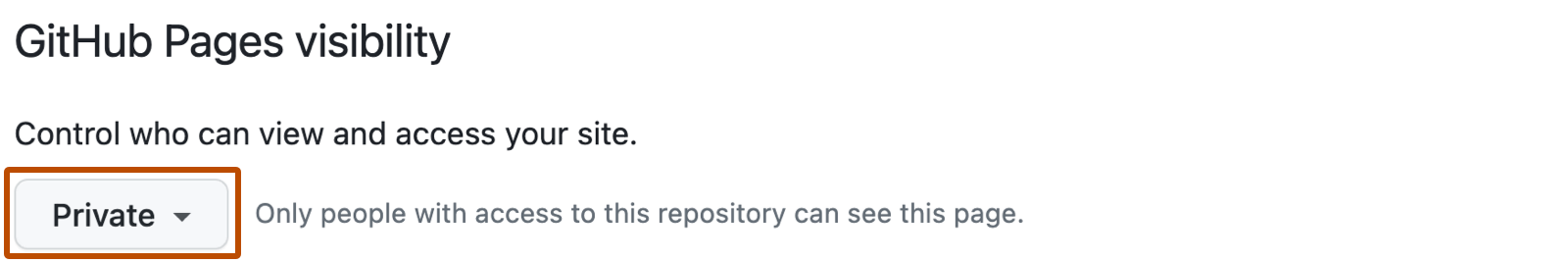 GitHub 存储库中 Pages 设置的屏幕截图。 用于选择 Pages 站点的私密或公开可见性的菜单（标有“私密”）用深橙色框出。