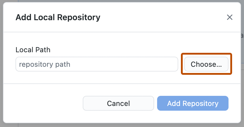 Captura de tela da janela "Adicionar Repositório Local". Ao lado do campo "caminho do repositório", um botão "Escolher", está realçado com um contorno laranja.