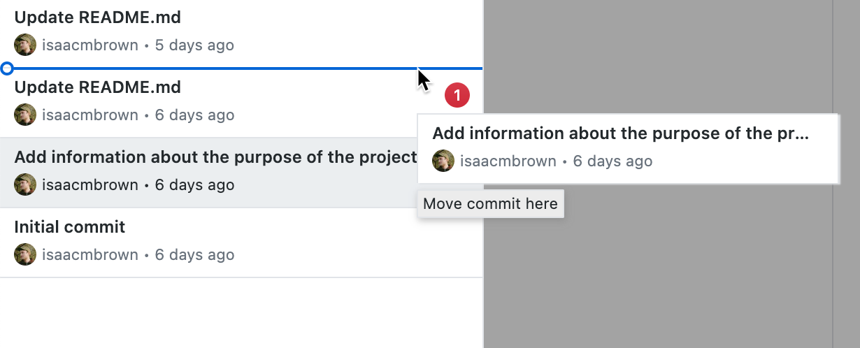 Screenshot einer Liste von Commits auf der Registerkarte Verlauf. Der Mauszeiger bewegt sich über eine schmale horizontale Linie zwischen zwei Commits, wobei das Symbol 1 anzeigt, dass ein Commit verschoben wird.