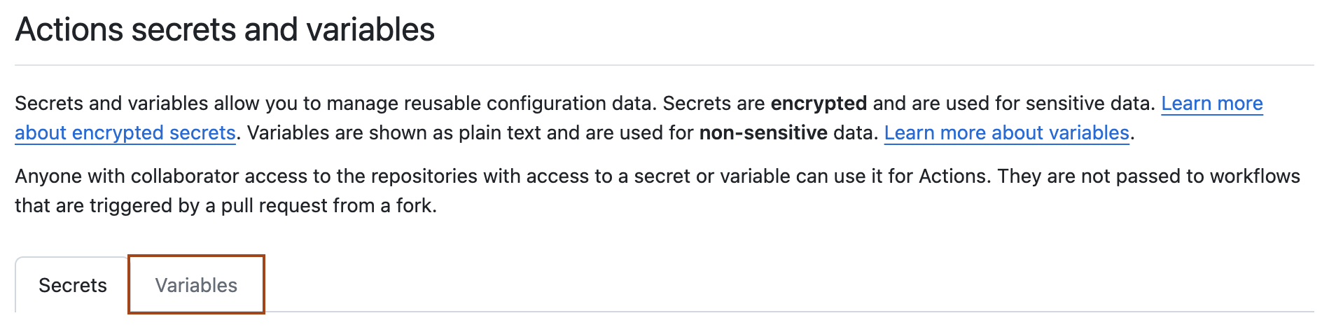 Capture d’écran de la page « Secrets et variables d’action » L’onglet « Variables » est présenté en orange foncé.