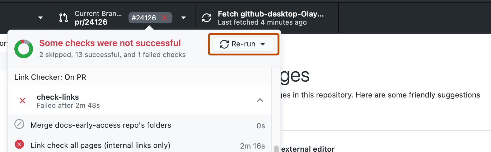 Screenshot einer Dropdownansicht aus einer Pull Request-Bezeichnung. Neben der Meldung „Einige Überprüfungen waren nicht erfolgreich“ ist eine Schaltfläche mit der Bezeichnung „Erneut ausführen“ orange umrandet.