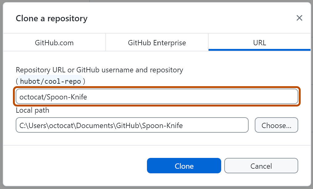 Screenshot: Registerkarte „URL“ im Fenster „Clone a repository“ Die Eingabe mit dem Inhalt „octocat/Spoon-Knife“ wird mit einem orangefarbenen Rahmen hervorgehoben.