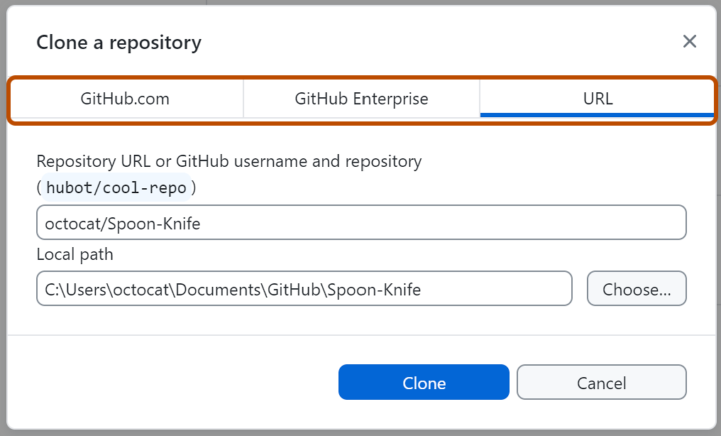 Screenshot: Registerkarte „URL“ im Fenster „Clone a repository“ Oben im Fenster sind die Registerkarten „GitHub.com“, „GitHub Enterprise“ und „URL“ orange umrandet.