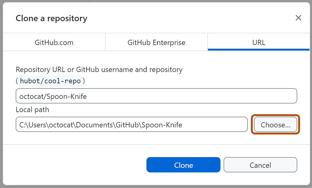 Screenshot: Registerkarte „URL“ im Fenster „Clone a repository“ Eine Schaltfläche mit der Beschriftung „Auswählen“ ist orange umrandet.