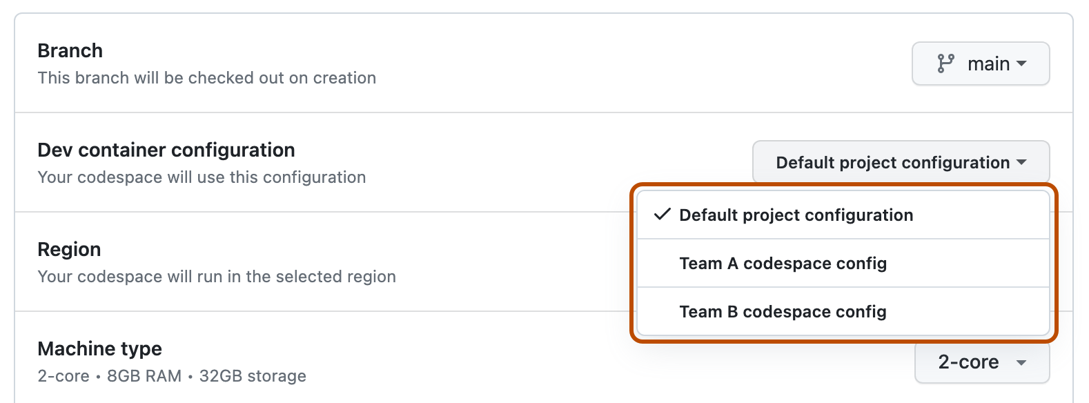 Captura de pantalla de la lista desplegable "Configuración del contenedor de desarrollo" con la opción de configuración predeterminada seleccionada.