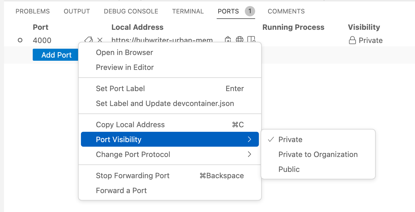 Capture d’écran du menu contextuel d’un port transféré, avec l’option « Visibilité du port » sélectionnée et « Réservée à l’organisation » sélectionné dans le sous-menu.