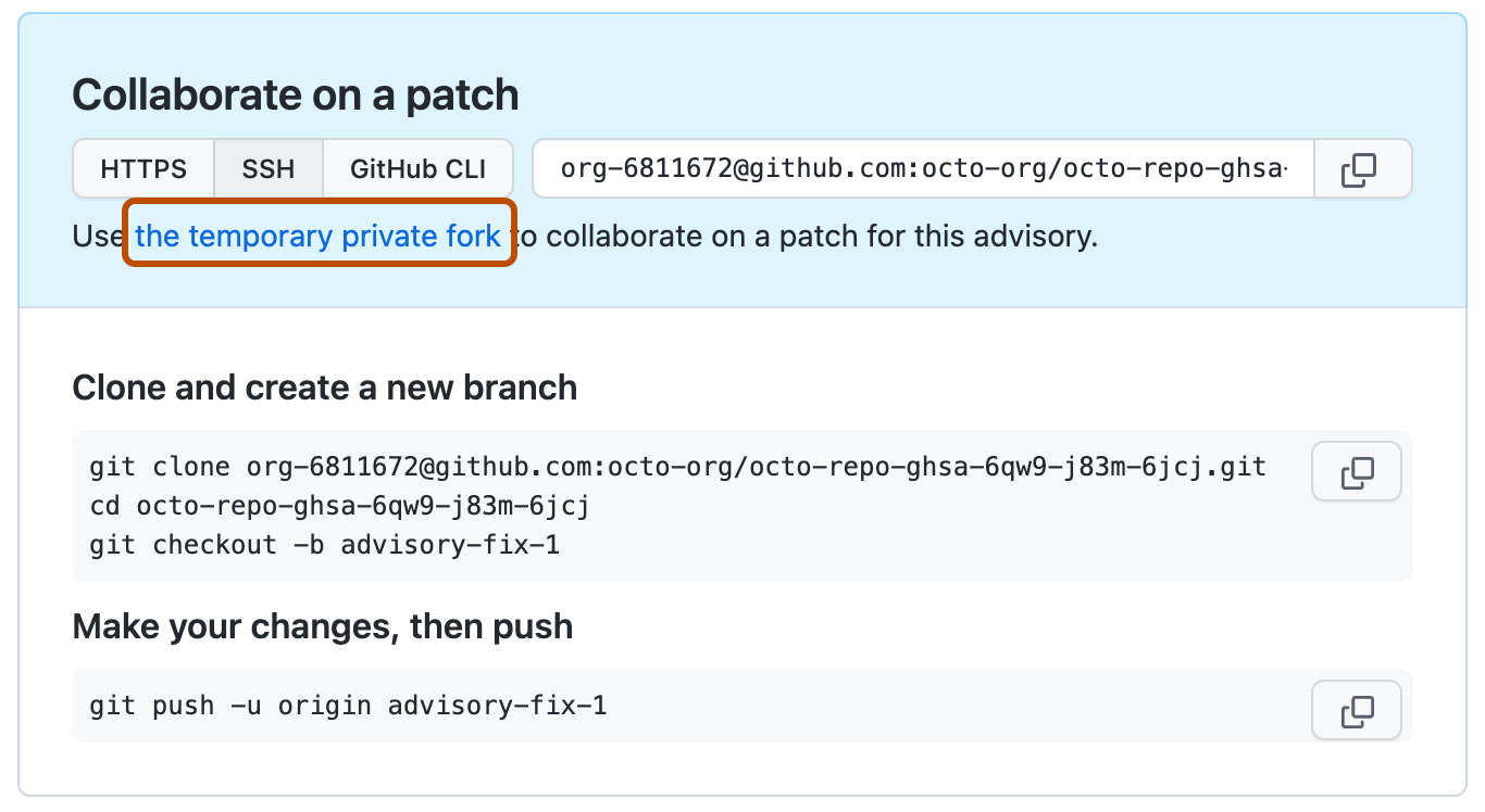 Screenshot des Bereichs „An einem Patch zusammenarbeiten“ im Entwurf eines Sicherheitshinweises. Der Link „den temporären privaten Fork“ ist dunkelorange umrandet.