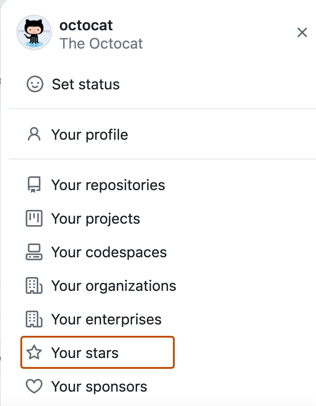 Captura de tela do menu de perfil do Octocat. A opção "Suas estrelas" está realçada com um contorno laranja.