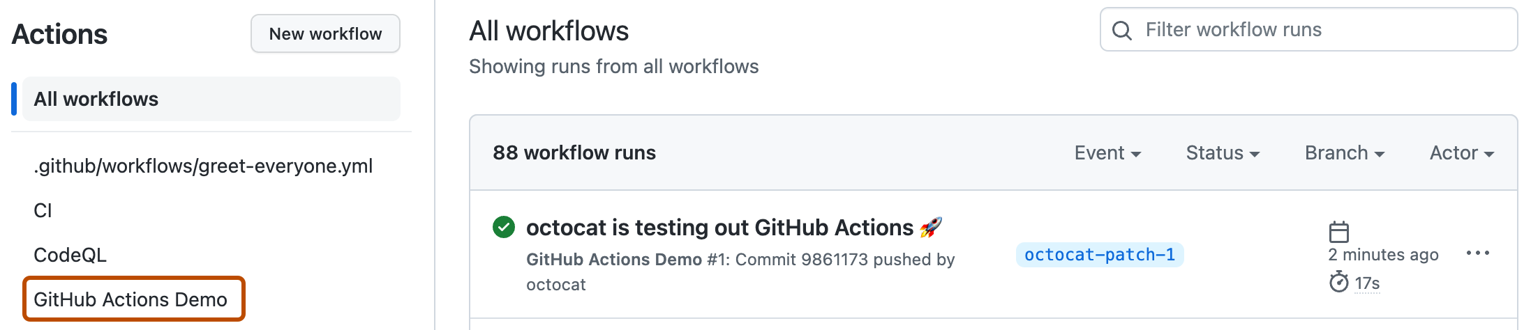 “Actions”页面的屏幕截图。 示例工作流的名称“GitHub Actions 演示”以深橙色边框突出显示。