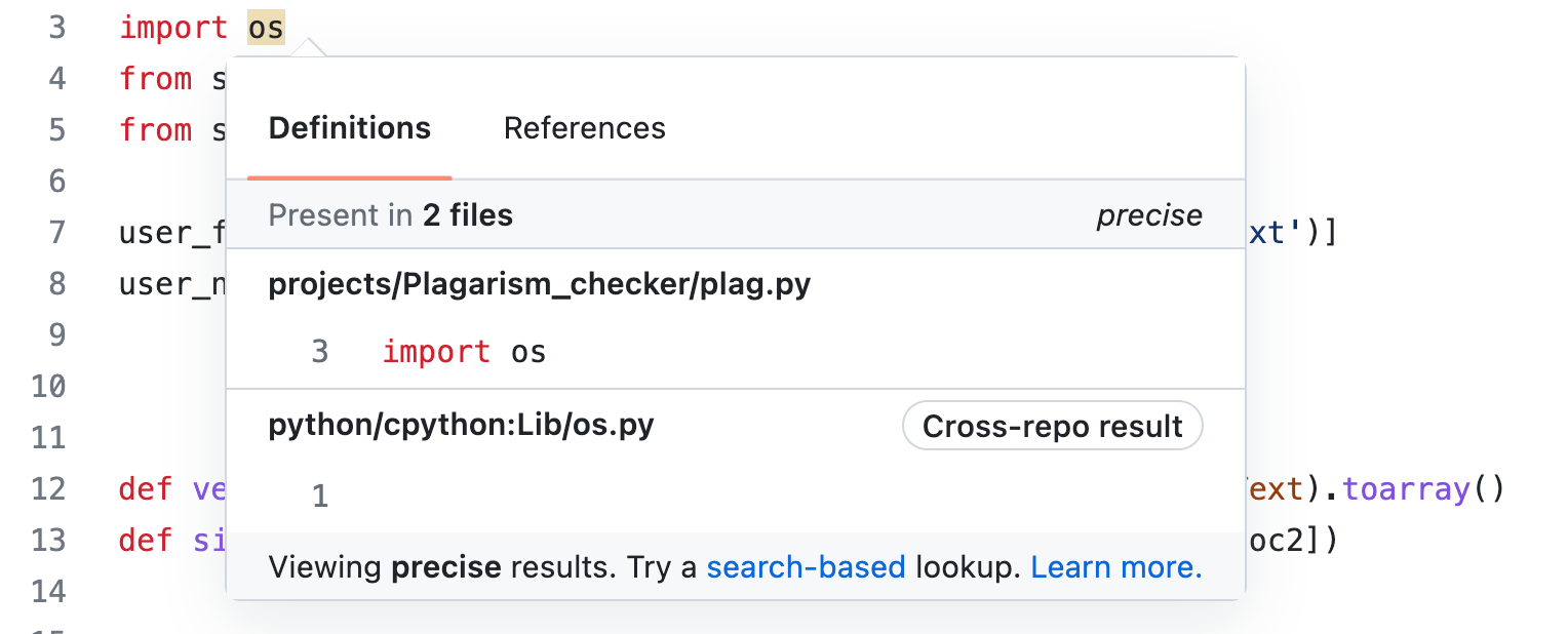 Captura de pantalla de un archivo de código en GitHub. En la línea "import o.s.", el nombre del módulo "o.s." aparece resaltado y una ventana modal "Definiciones" muestra un resultado etiquetado con "resultado en varios respositorios".