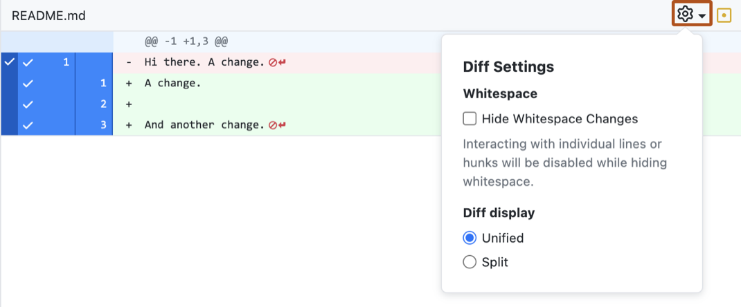 Screenshot of the diff view of a "README" file. A gear icon is outlined in orange above an expanded dropdown displaying "Whitespace" and "Diff display" settings.