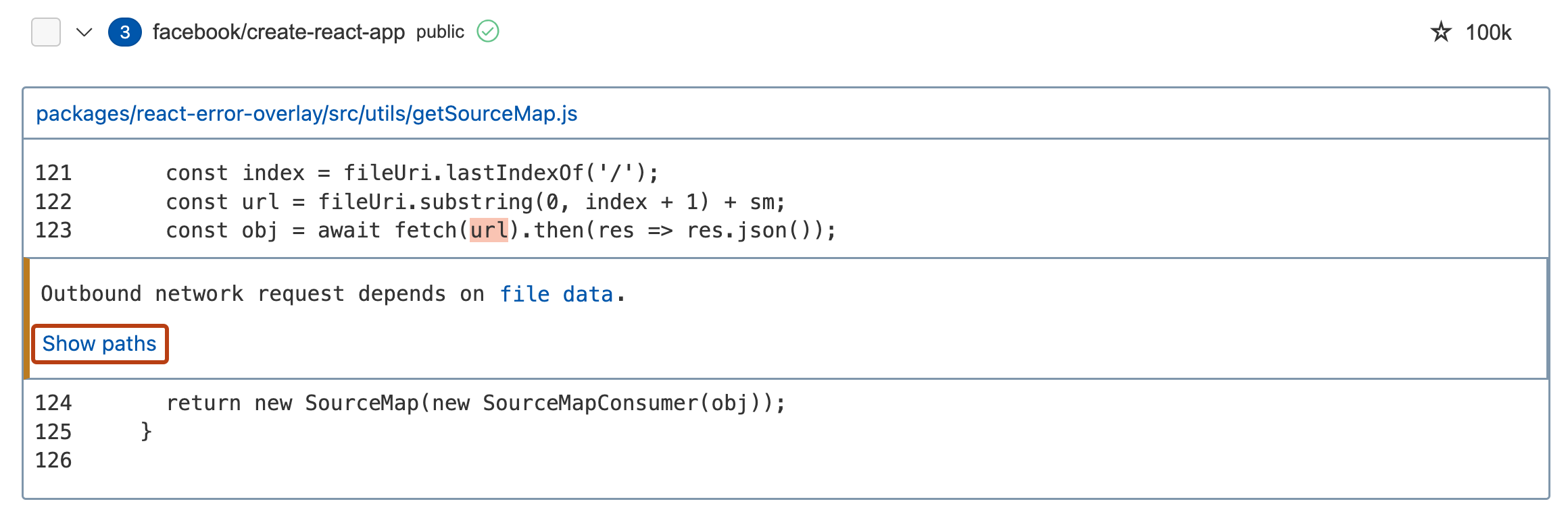 Captura de tela do modo de exibição "Resultados da Análise de Variantes", com links azuis para os arquivos de origem do GitHub. O link "Mostrar caminhos" está destacado com um contorno laranja-escuro.