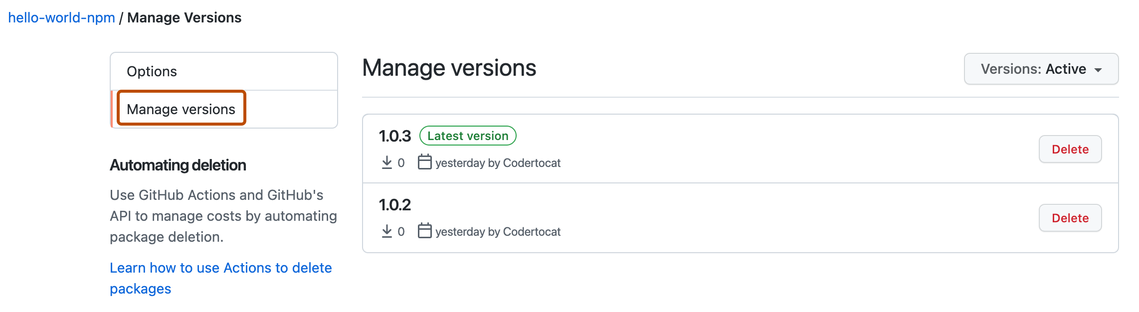 Capture d’écran du menu « Gérer les versions » d’un package. Dans le coin inférieur droit, « Gérer les versions » est mis en évidence avec un encadré orange.