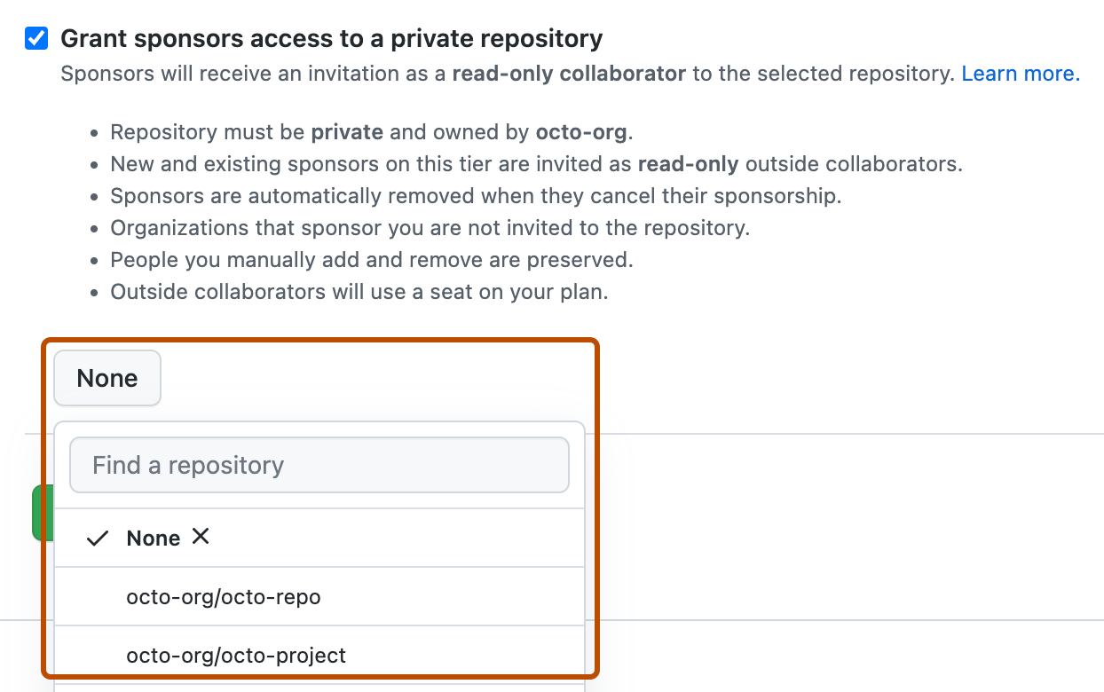 Capture d’écran d’un écran de modification au niveau du commanditaire. Un menu déroulant développé de référentiels auxquels vous pouvez accorder l’accès aux commanditaires est présenté en orange foncé.