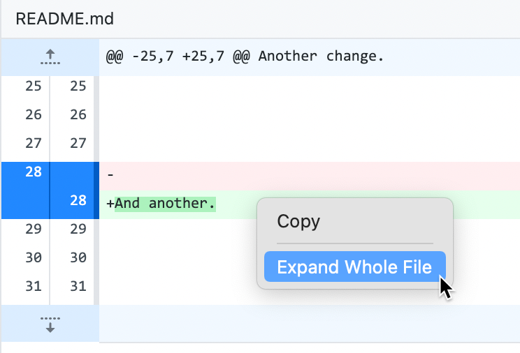 “README”文件的差异视图的屏幕截图。 在上下文菜单中的绿色“添加”行上，光标悬停在“展开整个文件”上方。