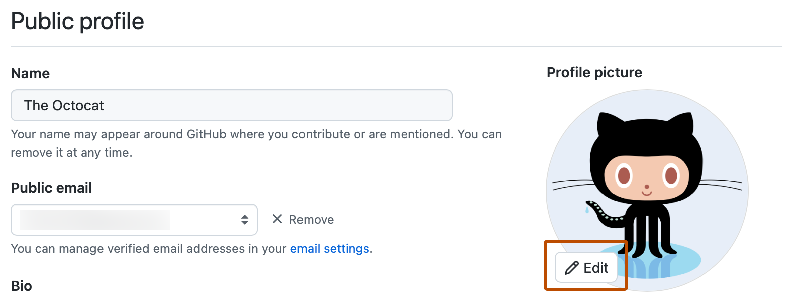 Captura de tela da seção "Perfil público" das configurações de uma conta de usuário. Um botão, rotulado com um ícone de lápis e "Editar", é realçado em laranja-escuro.