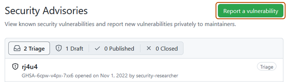 Capture d’écran montrant le bouton « Signaler une vulnérabilité » pour un dépôt où les rapports de vulnérabilité privés ont été activés.