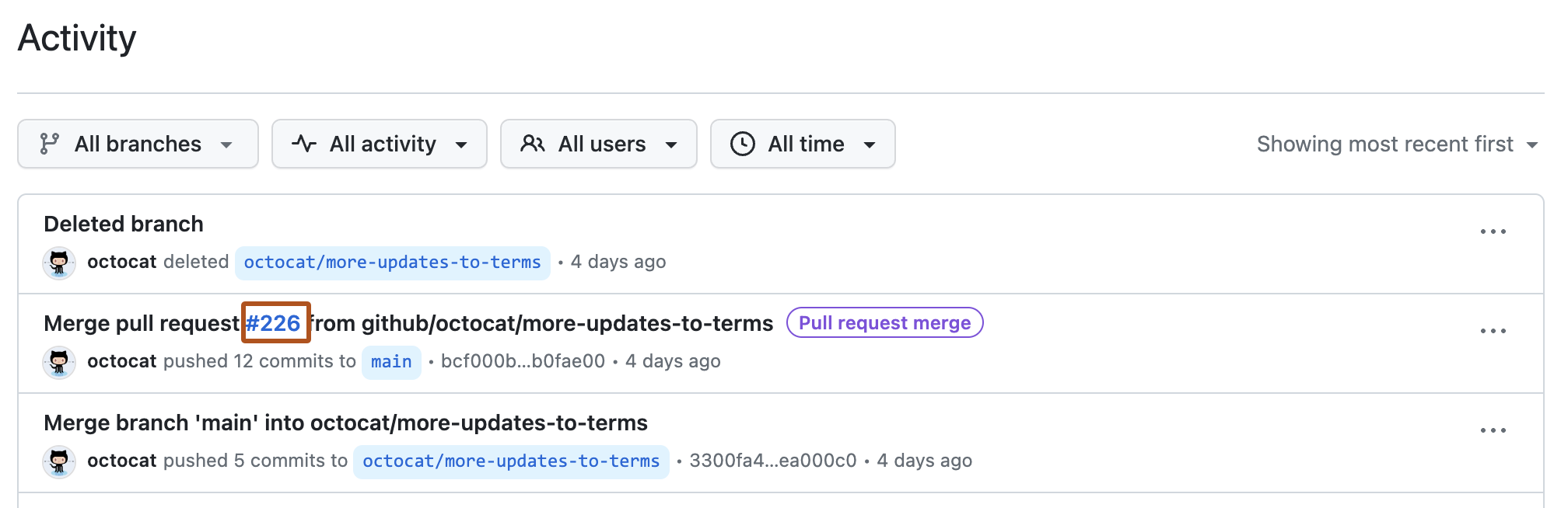 Captura de tela da exibição de atividade de um repositório. Um link, inserido na descrição de uma atividade, é destacado com um contorno laranja escuro.