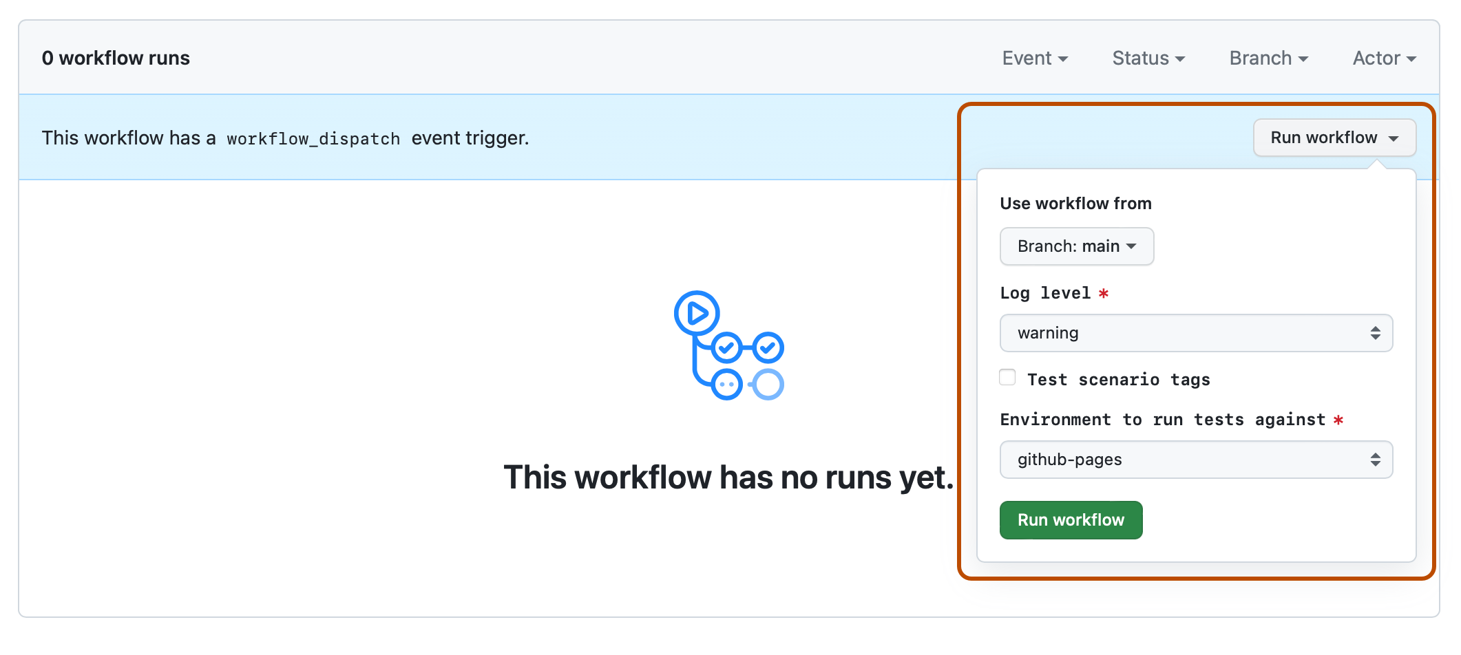 Capture d'écran d'une liste d'exécutions de workflow. Un menu déroulant, intitulé « Exécuter le workflow » et développé pour afficher les champs d'entrée, est encadré en orange foncé.