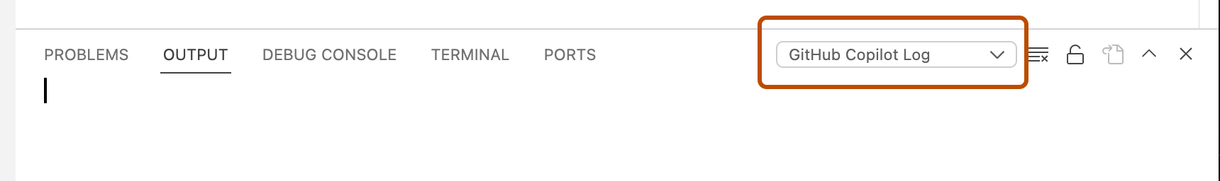 ドロップダウン メニューから "GitHub Copilot ログ" が選択されている [出力] ウィンドウのスクリーンショット。