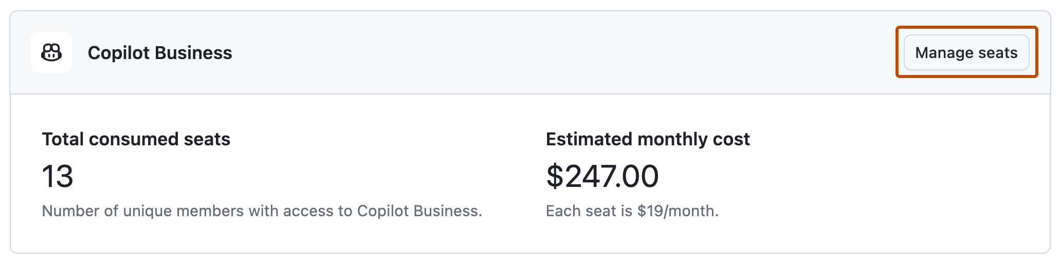 Screenshot of the "Copilot Business" section. A button, labeled "Manage seats", is highlighted with an orange outline.