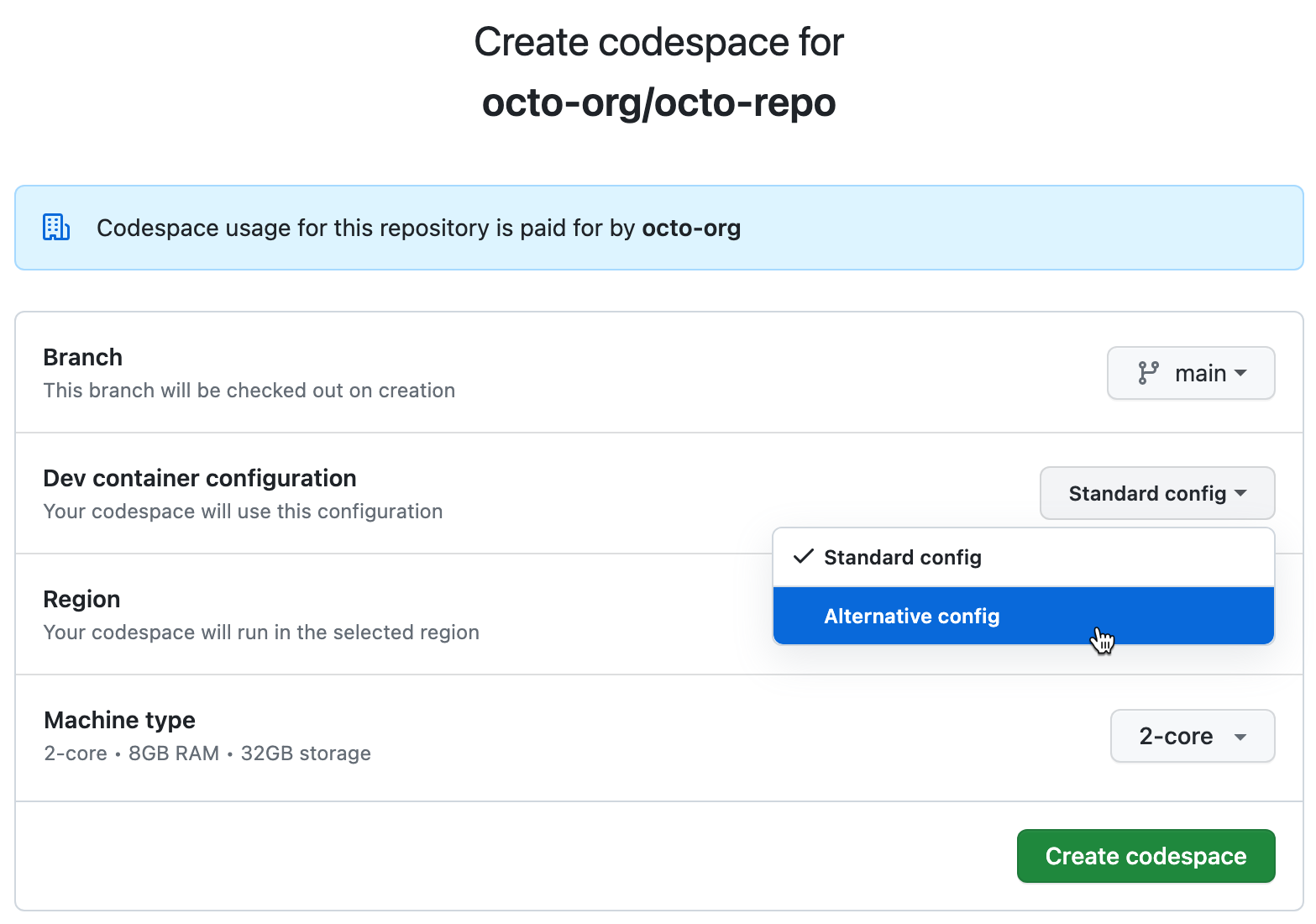 codespace の作成オプション ページのスクリーンショット。構成ファイルの選択肢がドロップダウンに一覧表示されています。