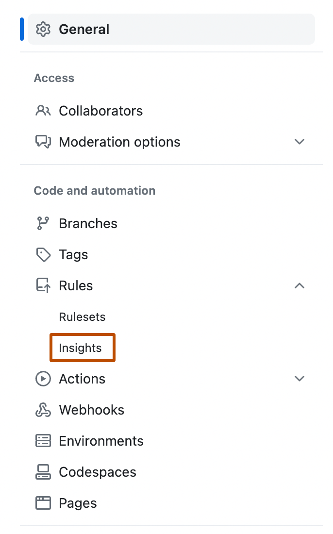 Captura de pantalla de la barra lateral de la página "Configuración" de un repositorio. El submenú "Reglas" se expande y la opción "Información" tiene un contorno naranja.