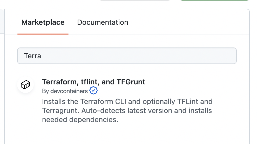 Capture d’écran de l’onglet Place de marché avec « Terra » dans la zone de recherche et la fonctionnalité Terraform listée dans les résultats de la recherche.